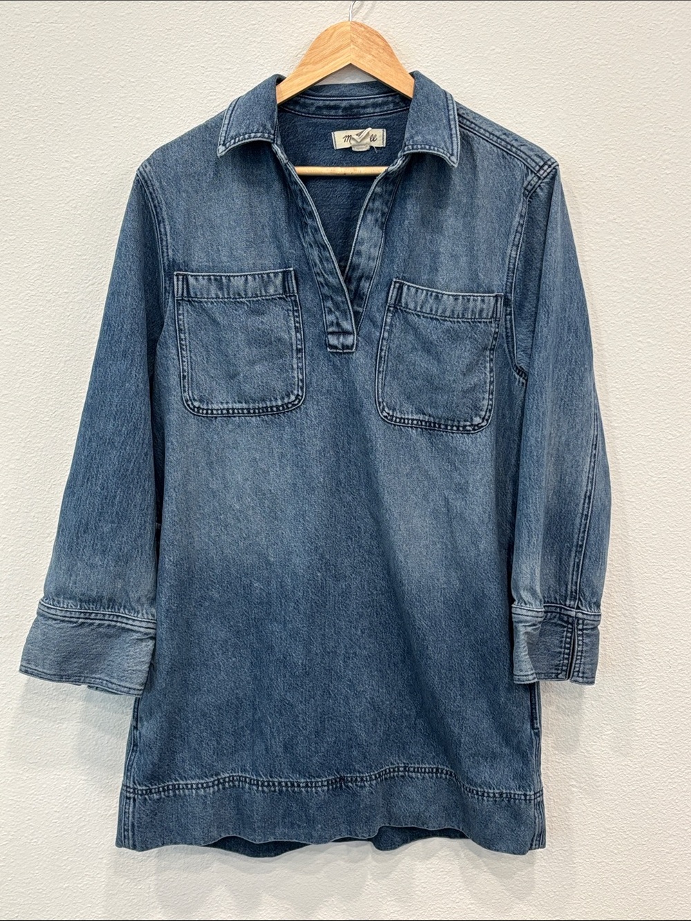Madewell Women Denim Shirt Dress Mini w Chest/Side Pockets 3/4 Sleeve Size M